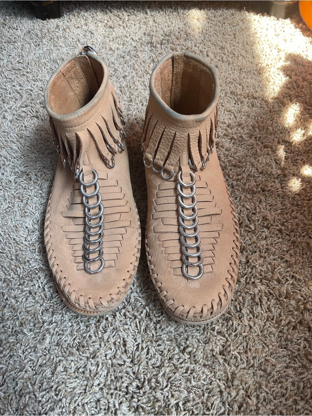 Alexander Wang Fringe Suede Ankle Moccasin Boots in Tan